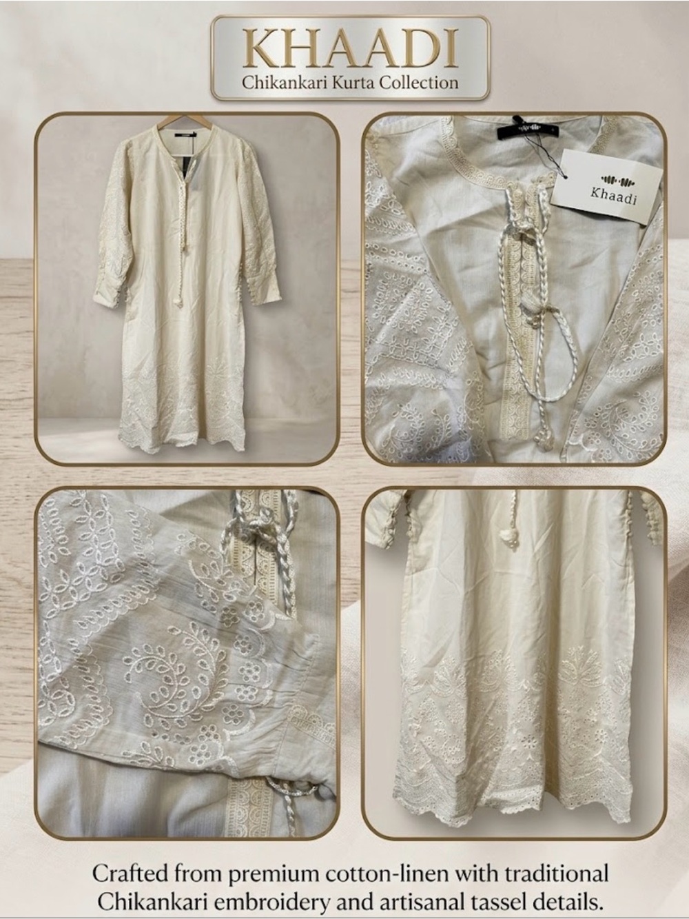 Pakistani Khaadi Embroidered Cream Boho Peasant Kurta for Women in size 6 or XS